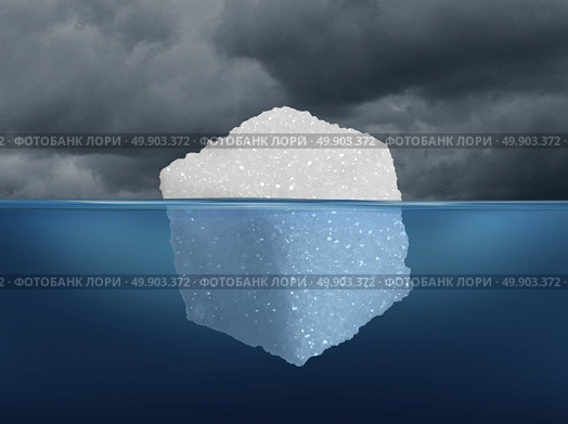 Sugar risk and hidden dietary medical danger concept as an iceberg made from a sugar cube as risky sweet granulated refined sweetener as a metaphor for the underlying hazard of diabetes or unhealthy diet habit in a 3D illustration style. Стоковое фото, агентство Ingram Publishing / Фотобанк Лори