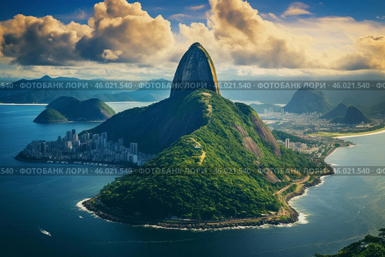 Sugarloaf mountain dominating rio de janeiro skyline on a sunny day. Стоковое AI-изображение, AI-художник Иван Рябоконь / Фотобанк Лори