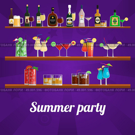 Summer cocktail party concept with drinks and refreshments on shelves vector illustration. Summer Cocktail Party Concept. Стоковая иллюстрация, агентство Ingram Publishing / Фотобанк Лори