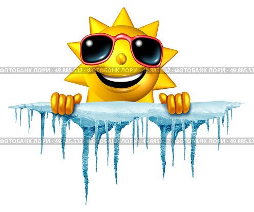 Summer cool down concept and cooling off idea as a sun character icon holding on to a chunk of snow and ice with icicles as a symbol for managing hot weather summer heat and a refreshing break from a heatwave. Стоковое фото, агентство Ingram Publishing / Фотобанк Лори