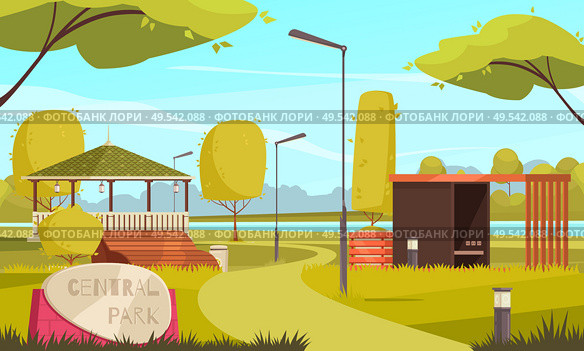 Summer empty city park landscape flat composition with gazebo walkers runners path lanterns trees benches vector illustration. Стоковая иллюстрация, агентство Ingram Publishing / Фотобанк Лори