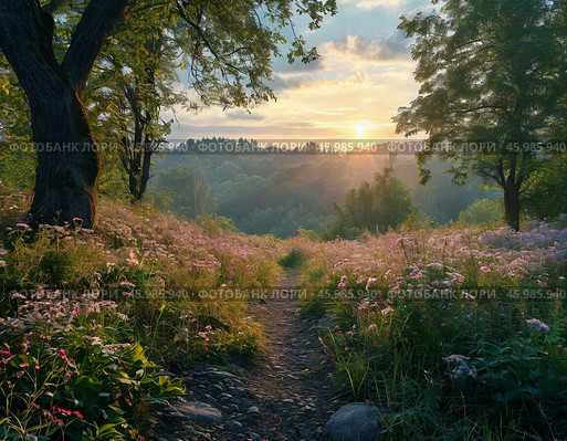 Summer evening, the last rays of the setting sun. Forest landscape. Стоковое AI-изображение, AI-художник Сергей Елизарьев / Фотобанк Лори