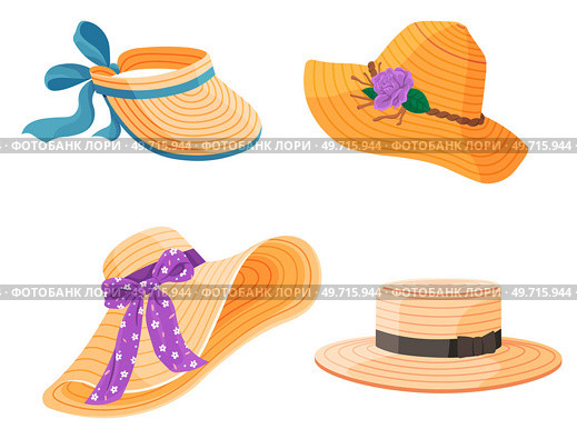 Summer hat. Vector illustration. Sun hat wear, celebration of style under sun Summer headwear, architect of shadow in heat A beach hat, symbol of serene afternoons by shore A summer hat, testament. Summer hats. Summer headwear, emblem of relief amidst scorching sun A beach hat, canvas painted with sebreezes and sandy. Стоковая иллюстрация, агентство Ingram Publishing / Фотобанк Лори