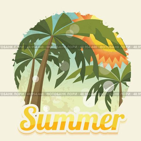 Summer holiday card with palm trees and flip flops, vector. Стоковая иллюстрация, агентство Ingram Publishing / Фотобанк Лори
