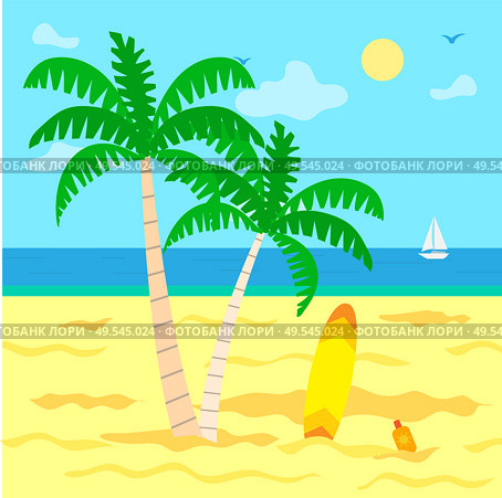 Summer holidays by sea vector, plage with hot sand. Sunshine of warm day, green palm tree with foliage, surfing board and sailing boat on water surface. Summer Vacation by Seaside, Seascape and Warmth. Стоковая иллюстрация, агентство Ingram Publishing / Фотобанк Лори