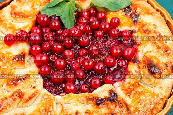 Summer pie with red currants and gooseberries.. Open summer pie with berries. Стоковое фото, агентство Ingram Publishing / Фотобанк Лори