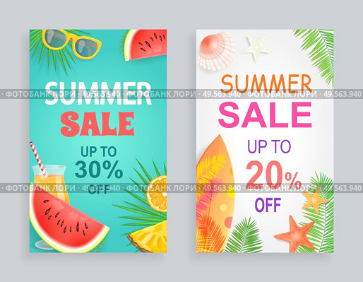 Summer sale discount offer vector posters with palm leaves and fruits. Watermelon and surfing board, cocktail and starfish. Sunglasses and orange, summertime banners. Summer Sale Discount Offer Vector Illustration. Стоковая иллюстрация, агентство Ingram Publishing / Фотобанк Лори