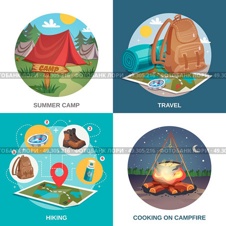 Summer Travel Design Concept. Camping design concept square compositions set with drawn travel tent backpack night campfire images and location vector illustration. Стоковая иллюстрация, агентство Ingram Publishing / Фотобанк Лори