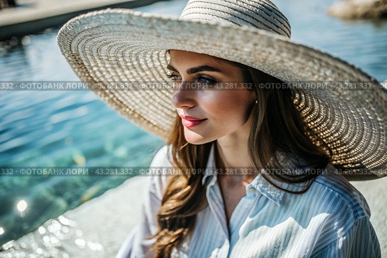 Summer vacation on the beach, Close-up of a beautiful woman in a straw hat. Summer time. Rest and vacation, a place to copy. Стоковое AI-изображение, AI-художник Photojuli / Фотобанк Лори