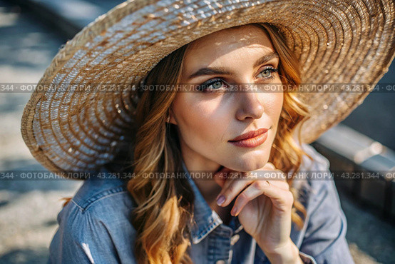 Summer vacation on the beach, Close-up of a beautiful woman in a straw hat. Summer time. Rest and vacation, a place to copy. Стоковое AI-изображение, AI-художник Photojuli / Фотобанк Лори