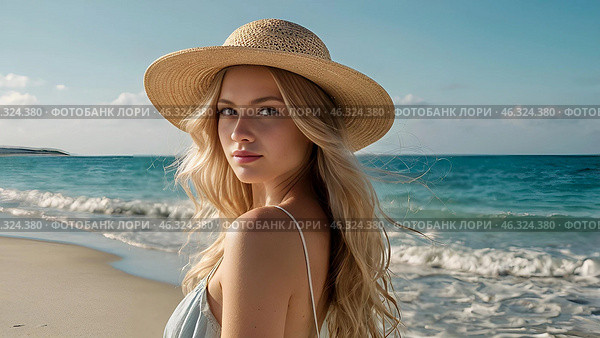 Summer vacation on the beach, close-up of a beautiful woman in a straw hat. Daylight saving time. Rest and vacations, a place to copy. Стоковое AI-изображение, AI-художник Photojuli / Фотобанк Лори