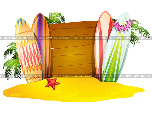 Summer Vacation  Poster Surfboards Starfish .  Summer vacation  poster  surfboards sand   starfish and  palm trees  vector illustration . Стоковая иллюстрация, агентство Ingram Publishing / Фотобанк Лори