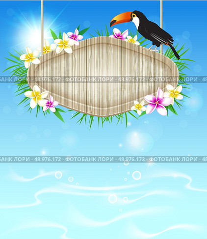 Summer vector tropical background with toucan and wooden banner. Стоковая иллюстрация, агентство Ingram Publishing / Фотобанк Лори