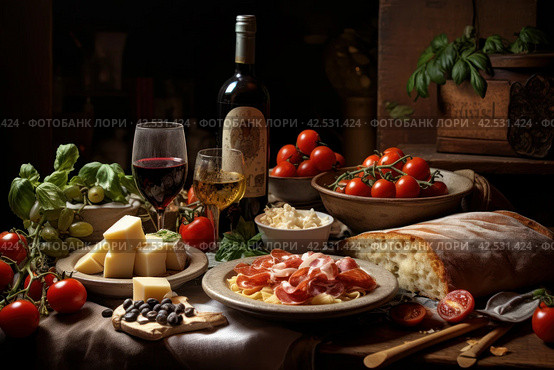 Sumptuous Italian food full table. Generate Ai. Стоковое AI-изображение, AI-художник Иван Рябоконь / Фотобанк Лори