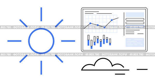 Sun icon alongside a weather dashboard displaying a line graph and bar chart. Ideal for climate analysis, weather forecasting, environmental science, data representation, education materials. Weather Dashboard with Sun Icon and Data Graphs Highlighting Climate Trends and Forecasts. Стоковая иллюстрация, агентство Ingram Publishing / Фотобанк Лори