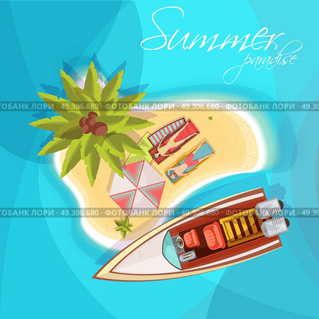 Sunbathers On Island Composition Top View . Sunbathers on island composition top view with motorboat umbrella palm tree on blue sea background vector illustration. Стоковая иллюстрация, агентство Ingram Publishing / Фотобанк Лори