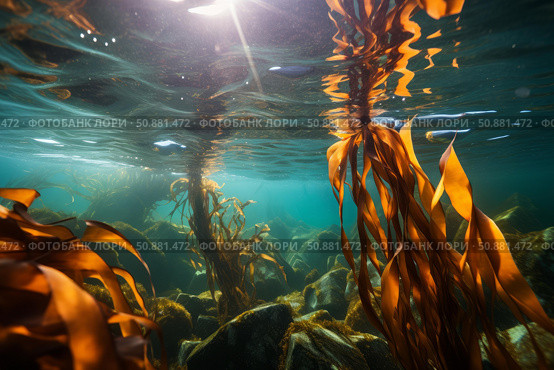 Sunbeams illuminating kelp forest growing on rocky seabed. Стоковое AI-изображение, AI-художник Иван Рябоконь / Фотобанк Лори