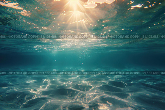Sunlight filtering through ocean surface illuminating sandy seabed. Стоковое AI-изображение, AI-художник Иван Рябоконь / Фотобанк Лори