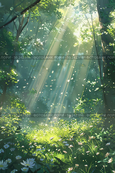 Sunrays illuminate dense forest, shining through branches and leaves creating a dappled effect on the forest floor. Стоковое AI-изображение, AI-художник Данила Большаков / Фотобанк Лори
