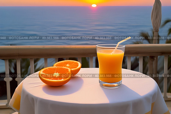 Sunrise over the sea, oranges and a glass of juice on the table. Стоковое AI-изображение, AI-художник Сергей Елизарьев / Фотобанк Лори