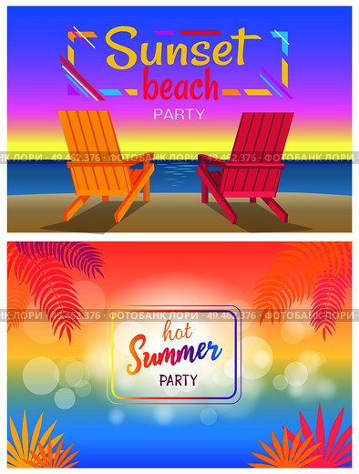 Sunset beach party hot summer days poster with sunbeds, pair of chaise-lounges on coastline vector illustration, summertime event adverts posters.. Sunset Beach Party Hot Summer Days Poster Sunbeds. Стоковая иллюстрация, агентство Ingram Publishing / Фотобанк Лори