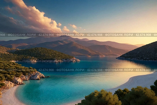 Sunset in laguna of azure Aegean Sea with lush mountains, fluffy clouds, yacht, summer weather. Nature landscape in East Turkey. Concept of vacation, recreation and travel. Стоковое AI-изображение, AI-художник Aleksandr Golubev / Фотобанк Лори