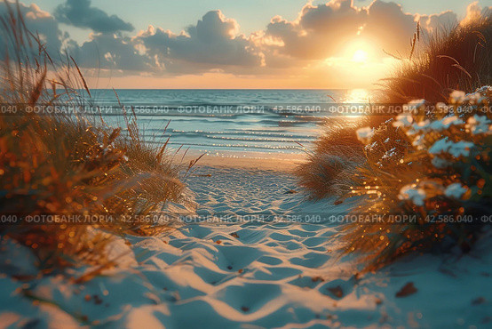 Sunset on the beach with grass and sea in the background.,    Generative AI. Стоковое AI-изображение, AI-художник Анна Кривицкая / Фотобанк Лори