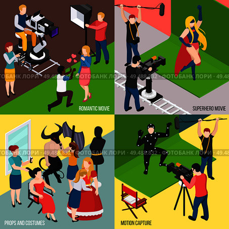 Super hero and romantic movies motion capture cinema props and costumes isometric design concept isolated vector illustration. Стоковая иллюстрация, агентство Ingram Publishing / Фотобанк Лори