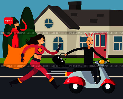 Superhero orthogonal composition with running woman in cloak and thief with stolen bag on scooter vector illustration. Superhero Woman Orthogonal Composition. Стоковая иллюстрация, агентство Ingram Publishing / Фотобанк Лори