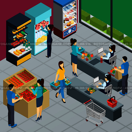 Supermarket interior isometric poster with people shopping in grocery store working merchandiser and cashiers vector illustration . Grocery Store Isometric Poster. Стоковая иллюстрация, агентство Ingram Publishing / Фотобанк Лори