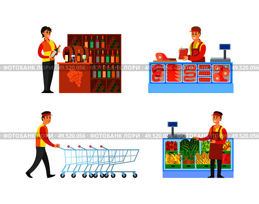 Supermarket sommelier and butchers set vector. Bartender wine bottles of different types, shopping trolleys and fruits at shelves. Meat and vegetables. Supermarket Sommelier and Butchers Set Vector. Стоковая иллюстрация, агентство Ingram Publishing / Фотобанк Лори
