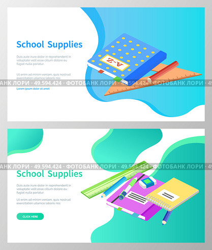 Supplies for lessons, vector illustration. Collection of school supplies or stationery. Isometric cartoon items for education of smart pupils and students. Knowledge and education. School accessories. School Supplies, Books and Pencils for Lessons. Стоковая иллюстрация, агентство Ingram Publishing / Фотобанк Лори
