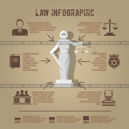 Supreme court judge and penal jury conviction verdict infographic poster presentation with lady justice abstract vector illustration. Стоковая иллюстрация, агентство Ingram Publishing / Фотобанк Лори