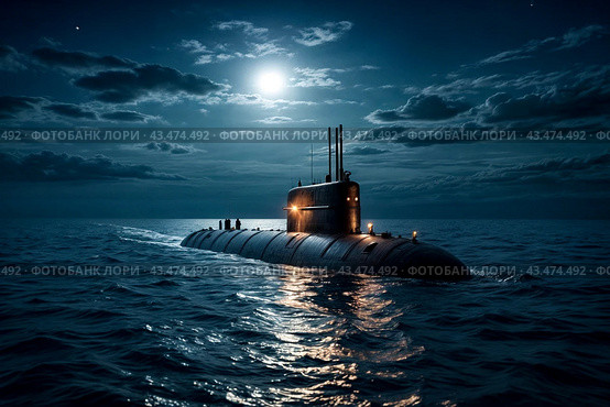 Surfaced unknown nuclear submarine at north night waters in open sea/ocean. Sub military control of sea, protection of water. Naval forces army, military war technology concept. Copy ad text space. Стоковое AI-изображение, AI-художник Aleksandr Golubev / Фотобанк Лори