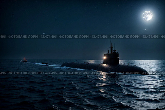 Surfaced unknown nuclear submarine at north night waters in open sea/ocean. Sub military control of sea, protection of water. Naval forces army, military war technology concept. Copy ad text space. Стоковое AI-изображение, AI-художник Aleksandr Golubev / Фотобанк Лори
