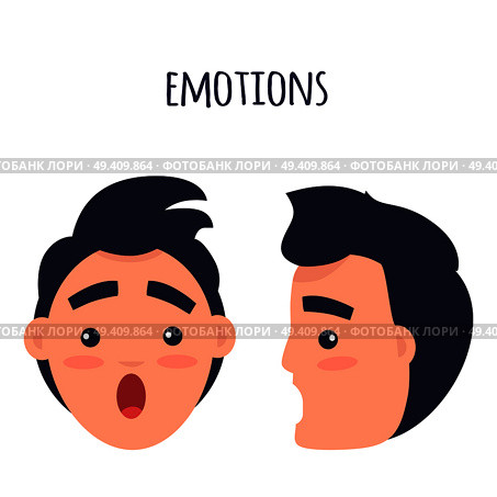 Surprised Men emotions concept. Brunette male face in full face and profile with confused facial expression flat vector isolated on white. Scared or shocked man portrait for icon, avatar illustration. Стоковая иллюстрация, агентство Ingram Publishing / Фотобанк Лори