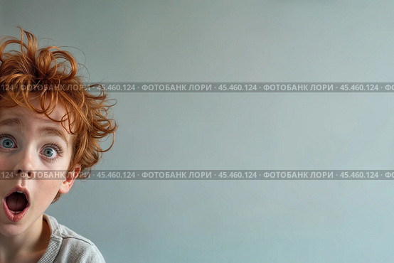 Surprised red-haired boy peers out from the edge of the frame. Стоковое AI-изображение, AI-художник Дмитрий Киселёв / Фотобанк Лори