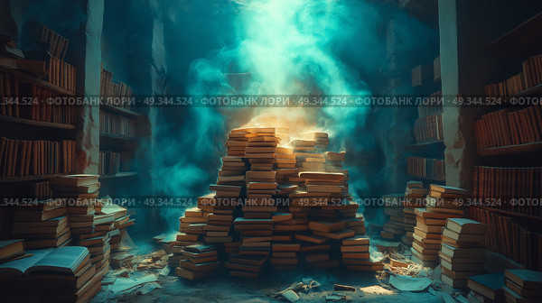 Surreal Staircase of Textbooks, Symbolic Transformation of Academic Growth. Стоковое AI-изображение, AI-художник Katsiaryna Repich / Фотобанк Лори