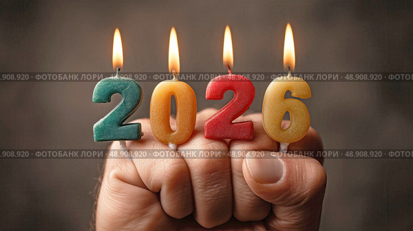 Свечи в форме цифры 2026 на пальцах. Разноцветные горящие свечи, образующие цифру 2026, каждая из которых удерживается вертикально сжатым кулаком, символизируют силу и праздник. Стоковое AI-изображение, AI-художник Анна Чижова / Фотобанк Лори