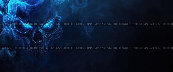 Светящийся череп в синем дыму. Стоковое AI-изображение, AI-художник Александр Жуков / Фотобанк Лори