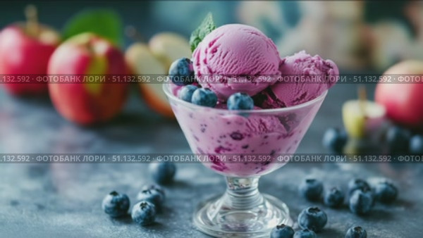 Свежее черничное мороженое в стеклянной пиале на фоне фруктов / Fresh blueberry ice cream in a glass bowl with fruit backdrop. Стоковое AI-видео, аниматор DeFusum / Фотобанк Лори