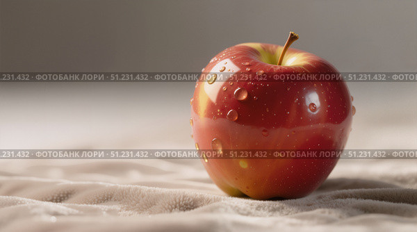 Свежее красное яблоко с каплями воды на светлом фоне с кописпейсом / Fresh red apple with drops of water on a light background with a copy space. Стоковое AI-изображение, AI-художник Валерий Лукин / Фотобанк Лори