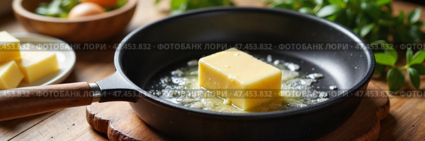 Свежие сливочное масло, тающее на сковороде, готовящееся к приготовлению в деревенской кухне. Стоковое AI-изображение, AI-художник Ирина Поспелова / Фотобанк Лори