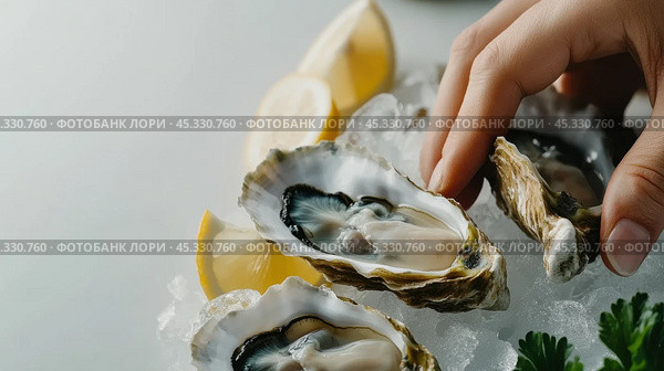Свежие устрицы на льду с лимоном для блюд из морепродуктов и кулинарных изысков. Стоковое AI-изображение, AI-художник ФотоИнтеллект / Фотобанк Лори