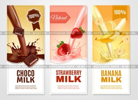 Sweet Milk Banners Set . Sweet milk vertical realistic banners set with banana choco and strawberry milk isolated vector illustration . Стоковая иллюстрация, агентство Ingram Publishing / Фотобанк Лори