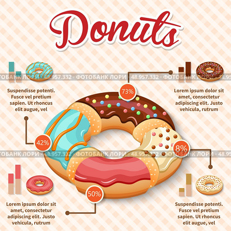 Sweet ring doughnut dessert infographic set with charts vector illustration. Стоковая иллюстрация, агентство Ingram Publishing / Фотобанк Лори