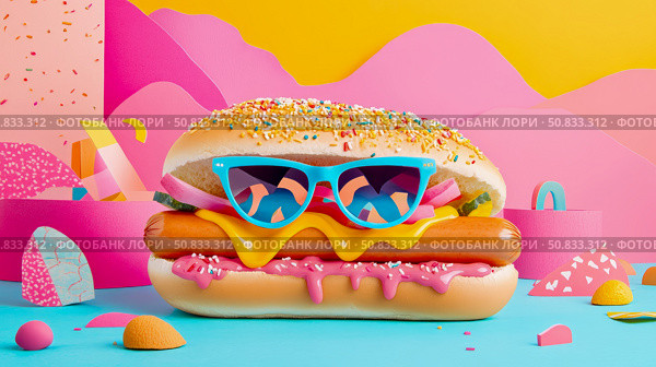 Sweet Summer Treat: A whimsical hotdog wearing sunglasses, candy sprinkle bun, and vibrant pink toppings in a playful confectionery land. Стоковое AI-изображение, AI-художник Данила Большаков / Фотобанк Лори