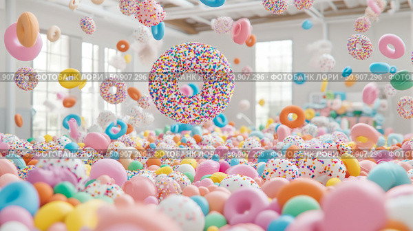Sweet Treats Extravaganza: A cascade of colorful donuts and candy spheres in a whimsical, delightful foodscape. Стоковое AI-изображение, AI-художник Данила Большаков / Фотобанк Лори