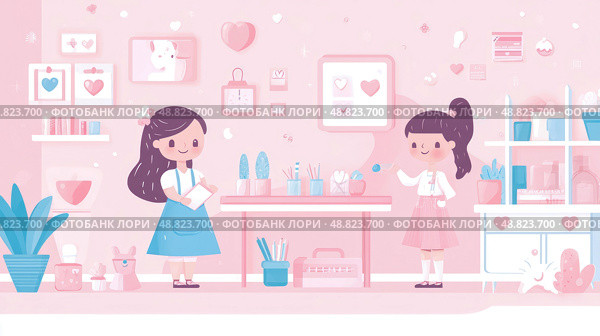 Sweethearts Crafting: A Pastel Room Illustration Featuring Two Girls Engaged in Artistic Activities. Стоковое AI-изображение, AI-художник Данила Большаков / Фотобанк Лори