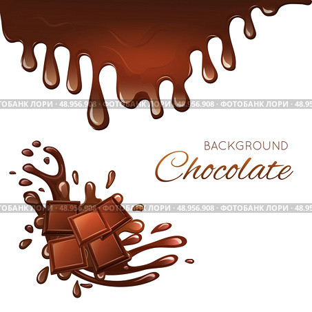 Sweets dessert chocolate bar pieces and splash drips background vector illustration. Стоковая иллюстрация, агентство Ingram Publishing / Фотобанк Лори